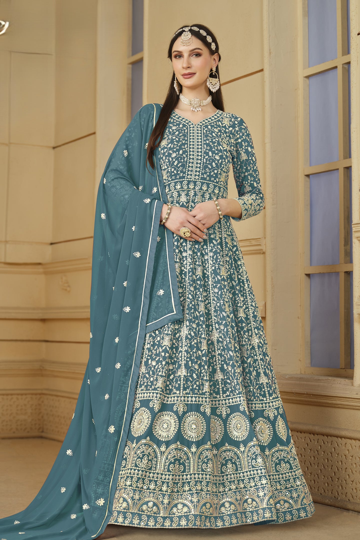 Rama Georgette Anarkali for Wedding Function with Sequins Embroidery