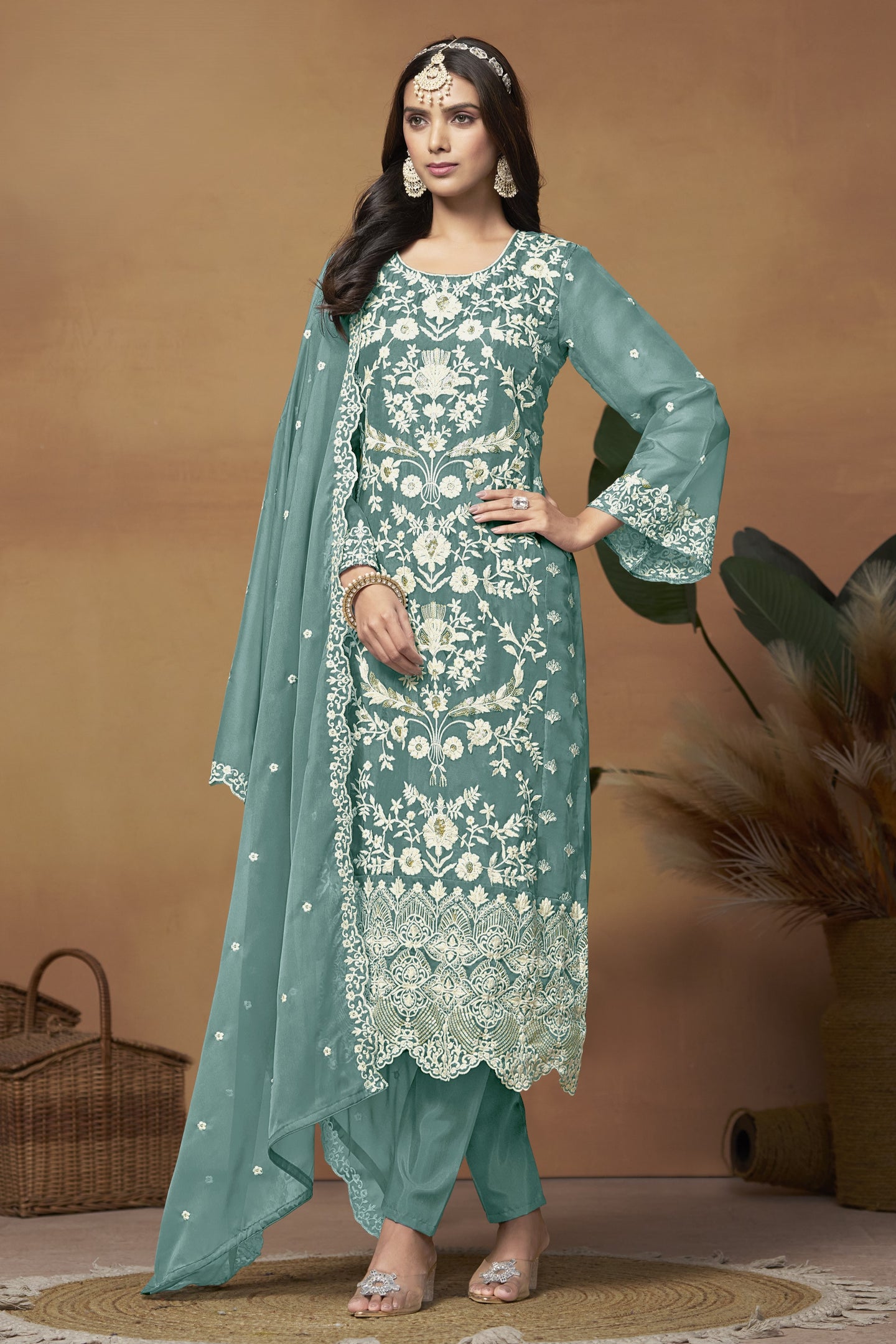 Rama Organza Embroidered Pant Style Suit with Thread and Sequins Work