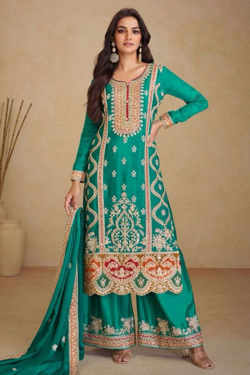 Rama Chinon Silk Plazo Suit for Women with Mirror Work