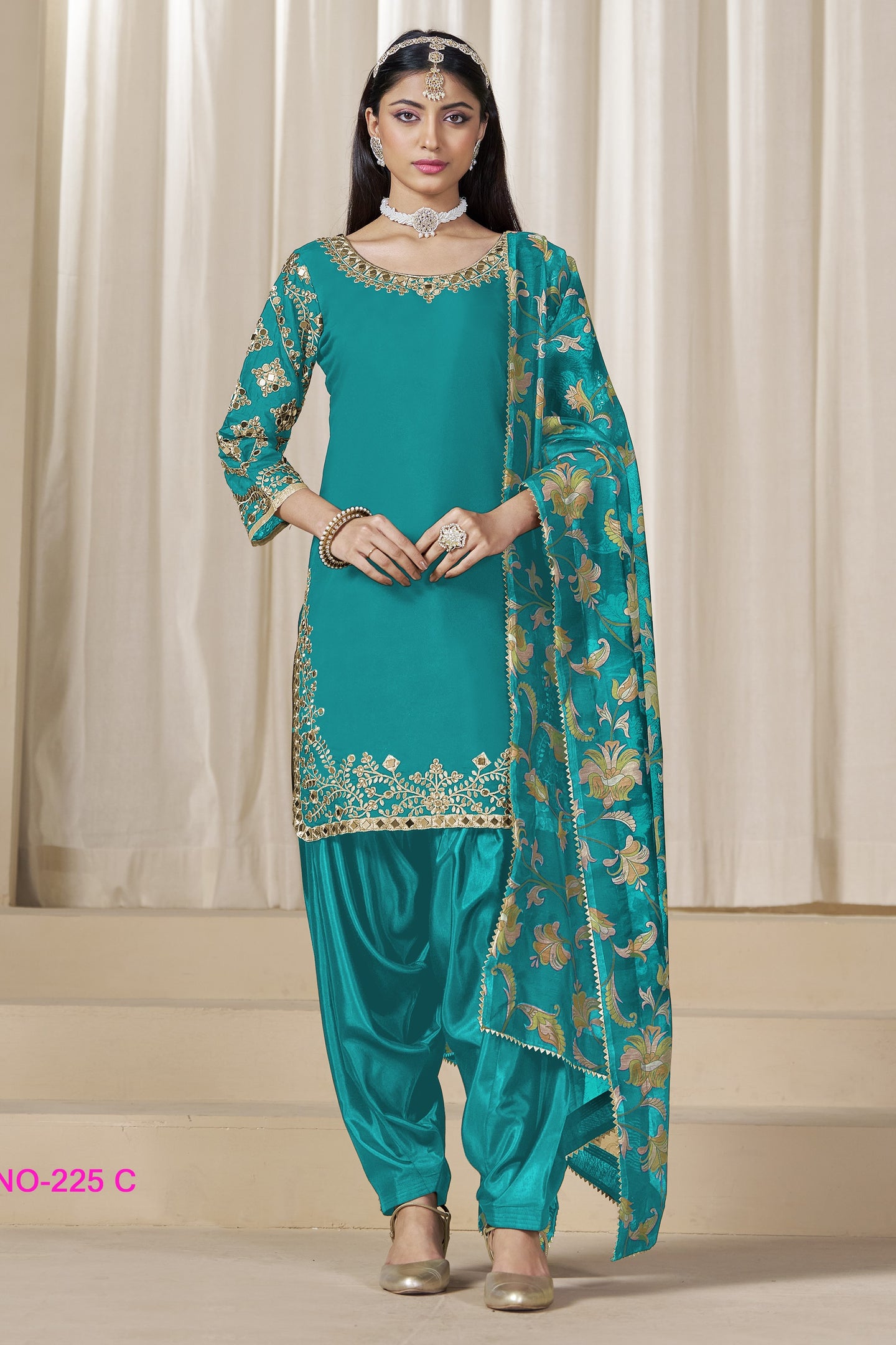 Rama Chinon Silk Pakistani Skirt Suits for Weddings with Zari and Mirror Work