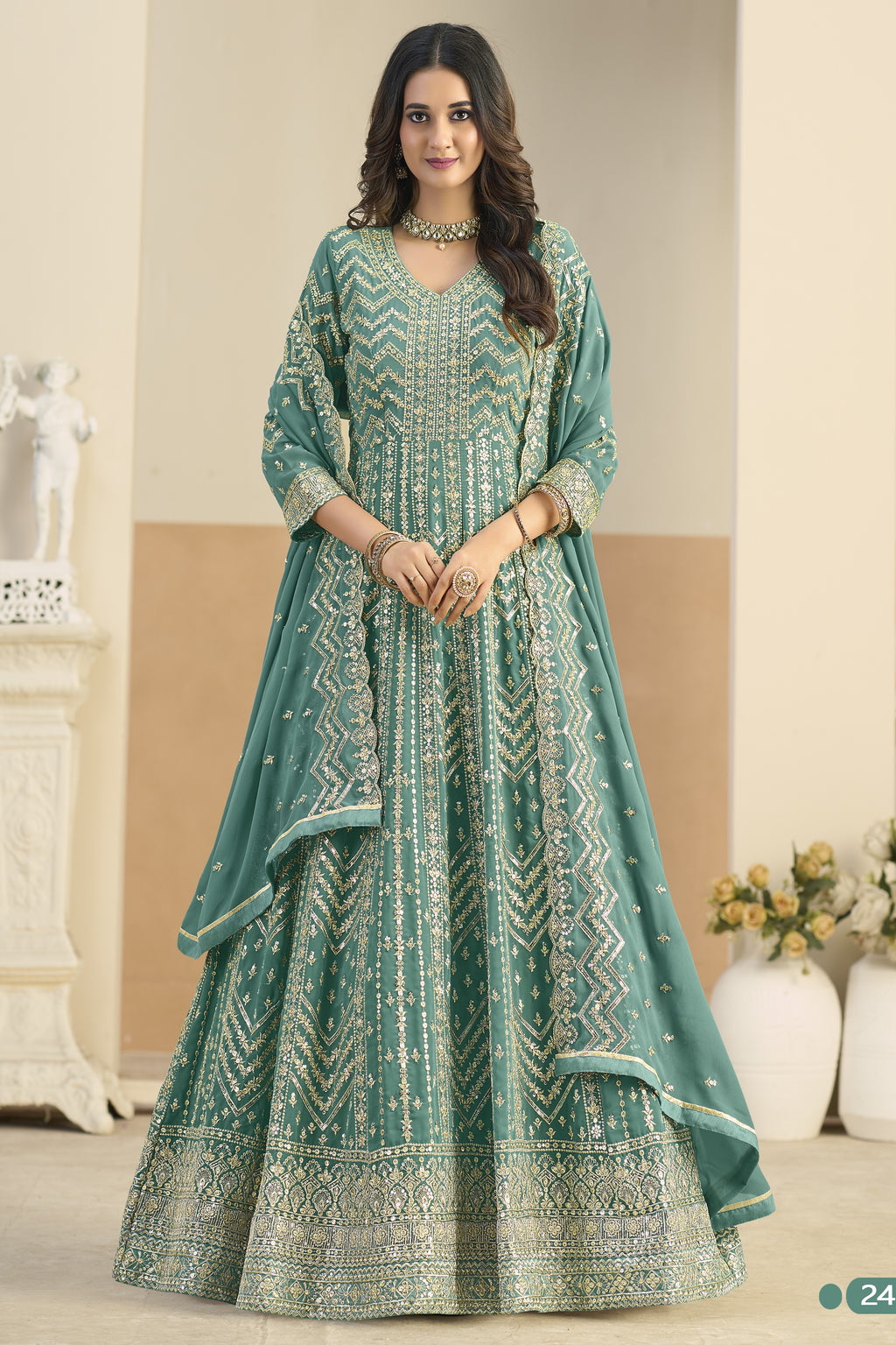 Teal Georgette Anarkali Dress for Wedding with Thread & Sequins Work
