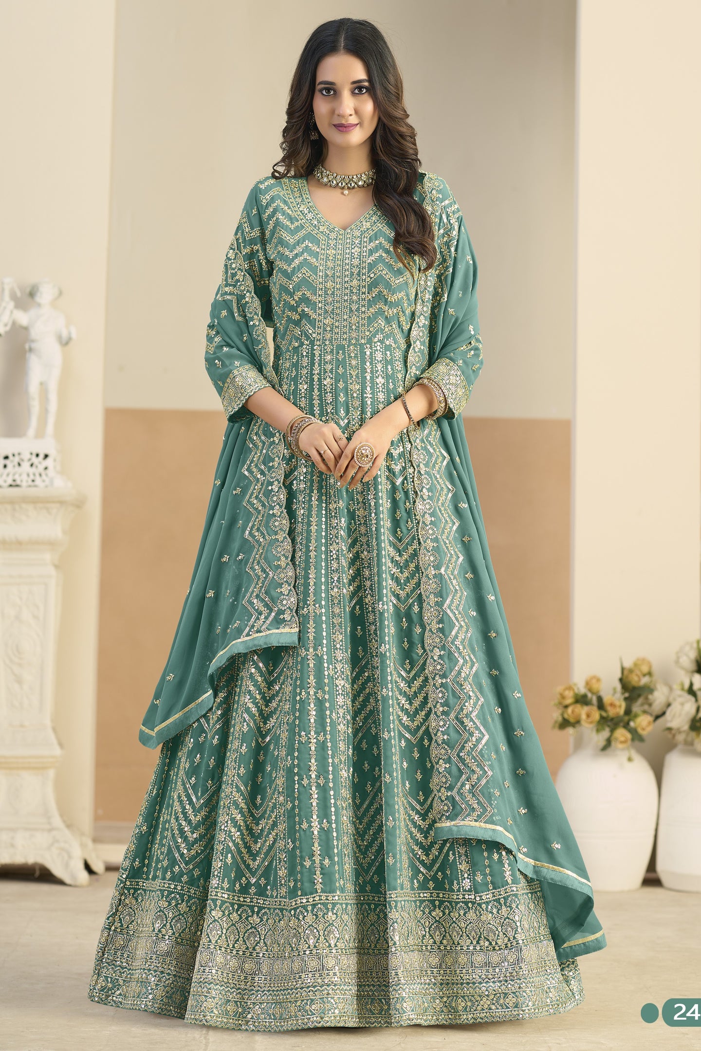 Teal Georgette Anarkali Dress for Wedding with Thread & Sequins Work