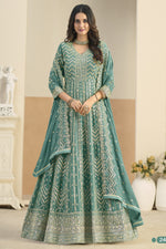 Teal Georgette Anarkali Dress for Wedding with Thread & Sequins Work