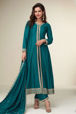 Teal Chinon Silk Designer Anarkali Suits with Thread and Sequins Work