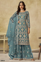 Rama Net Plazo Suit Design for Wedding with Thread and Sequins Embroidery