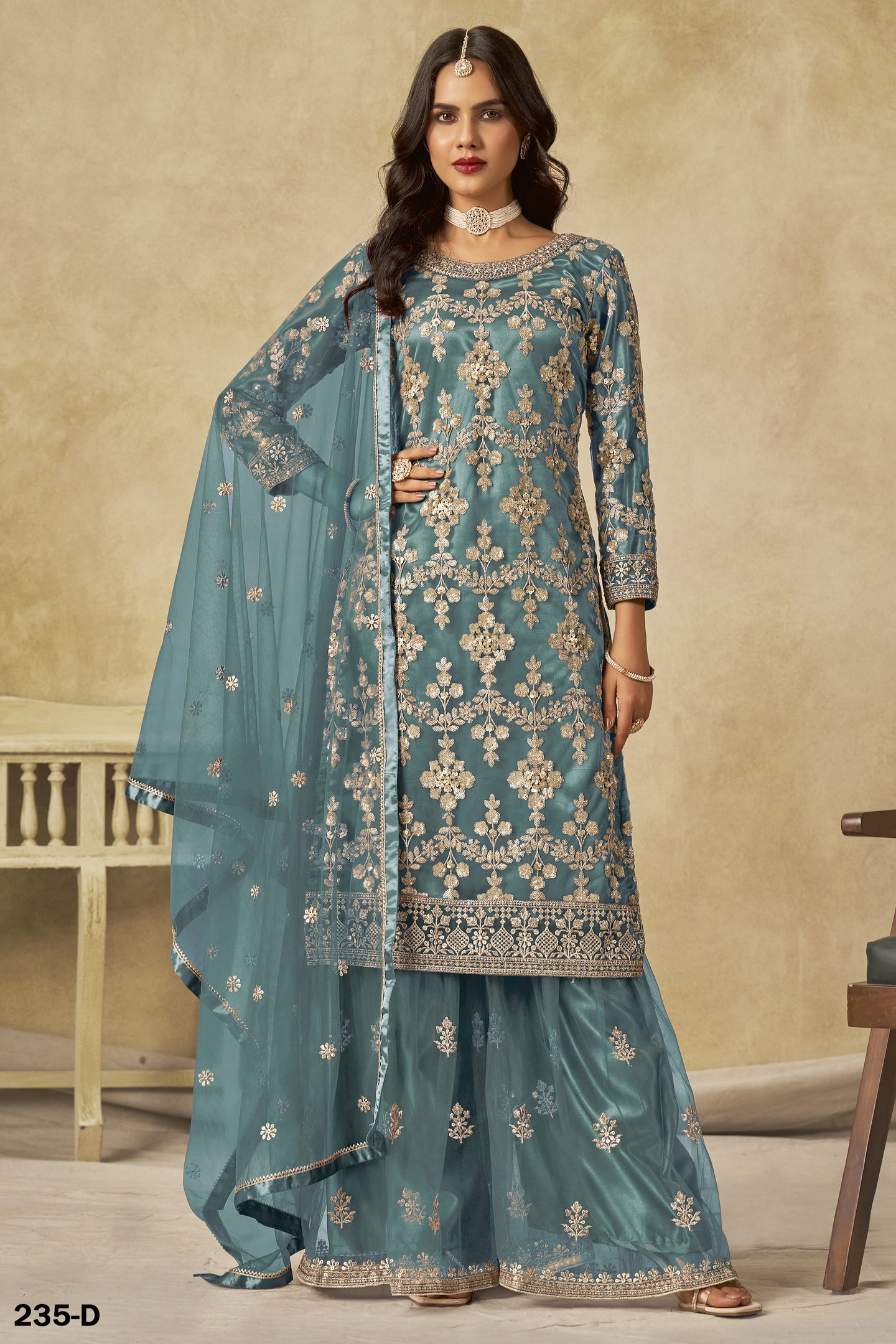 Rama Net Plazo Suit Design for Wedding with Thread and Sequins Embroidery