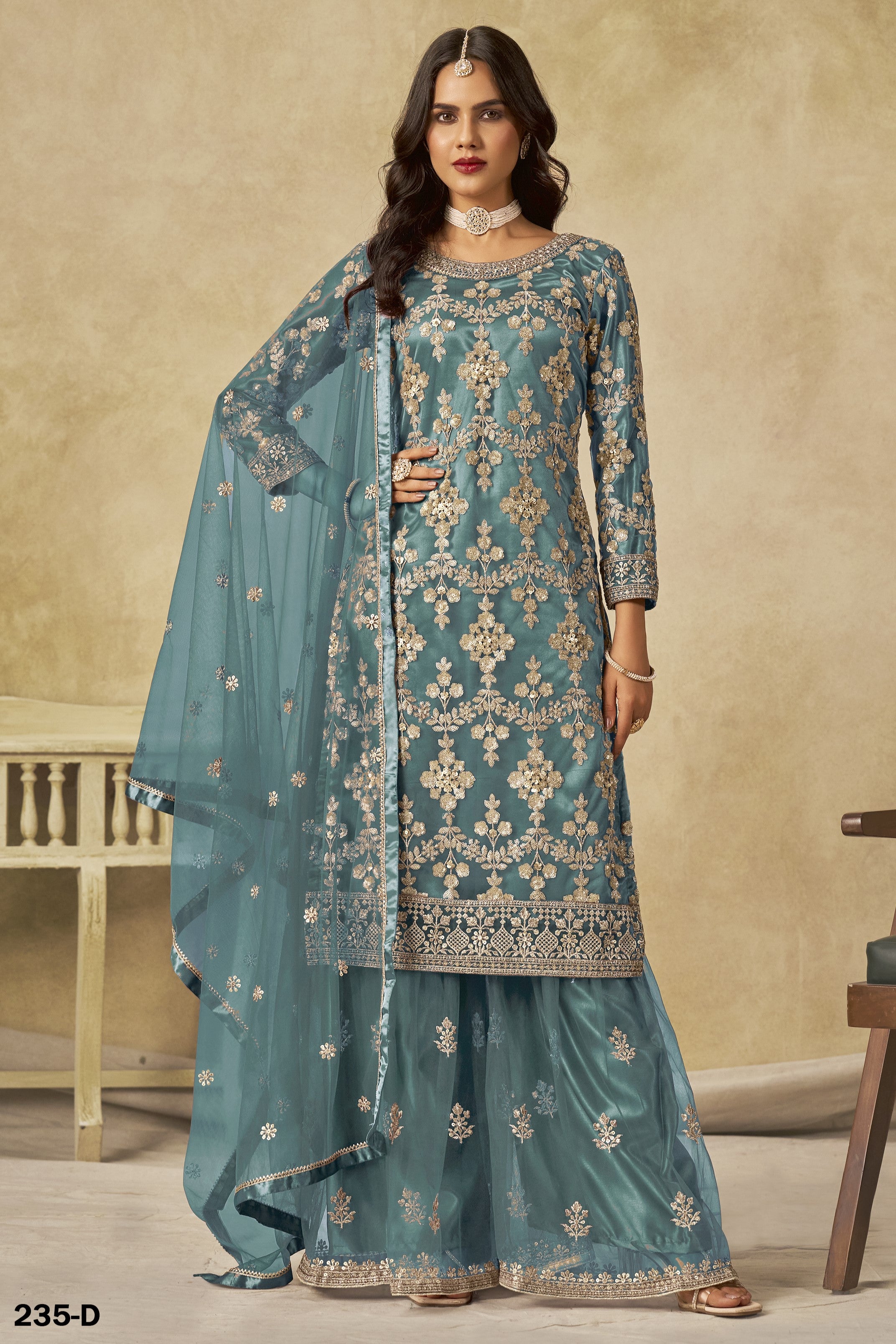 Rama Net Plazo Suit Design for Wedding with Thread and Sequins Embroidery