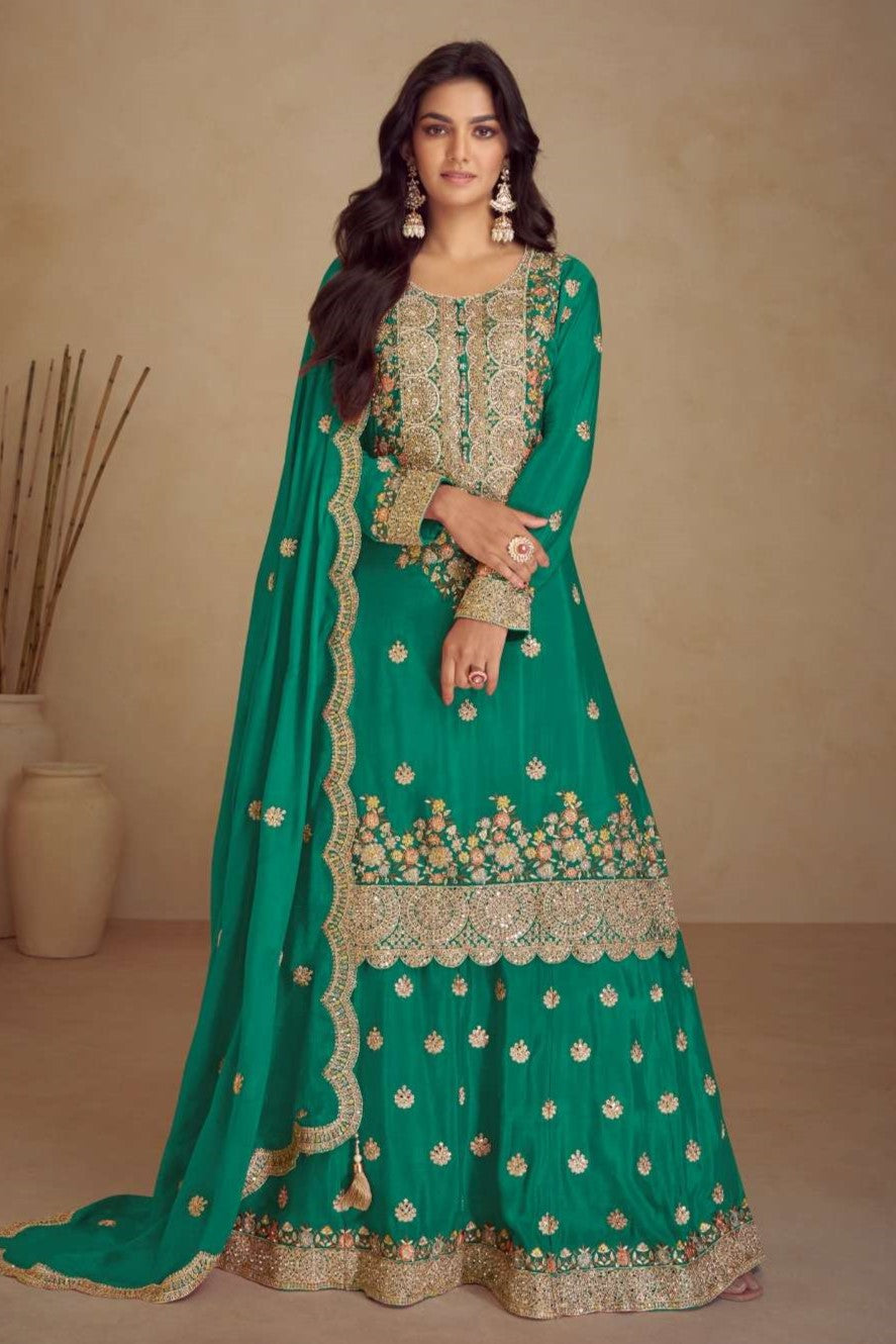 Teal Green Chinon Silk Plazo Dress for Women with Thread Work