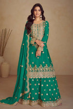 Teal Green Chinon Silk Plazo Dress for Women with Thread Work