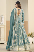 Teal Georgette Anarkali Dress for Sangeet with Thread Sequins Embroidery