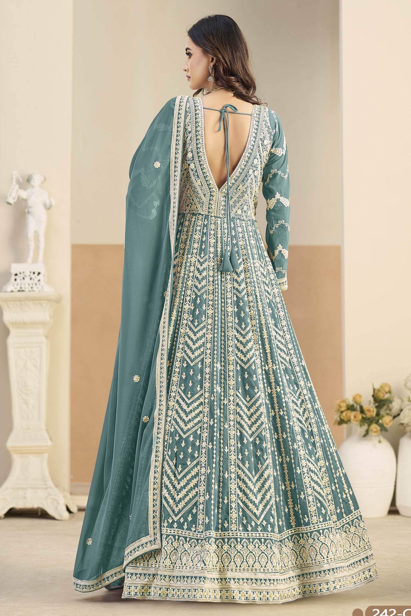 Teal Georgette Anarkali Dress for Sangeet with Thread Sequins Embroidery