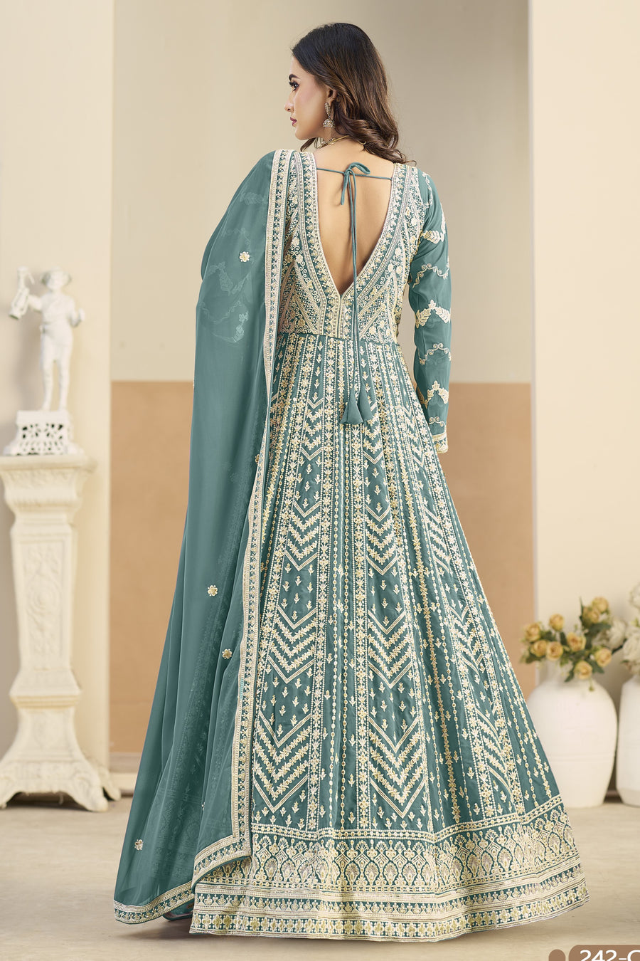 Teal Georgette Anarkali Dress for Sangeet with Thread Sequins Embroidery