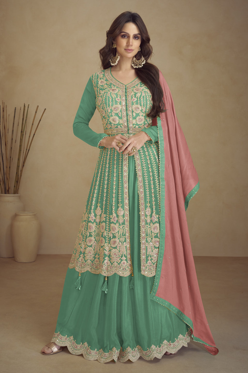 Rama Chinon Silk Palazo for Sangeet with Dori Work