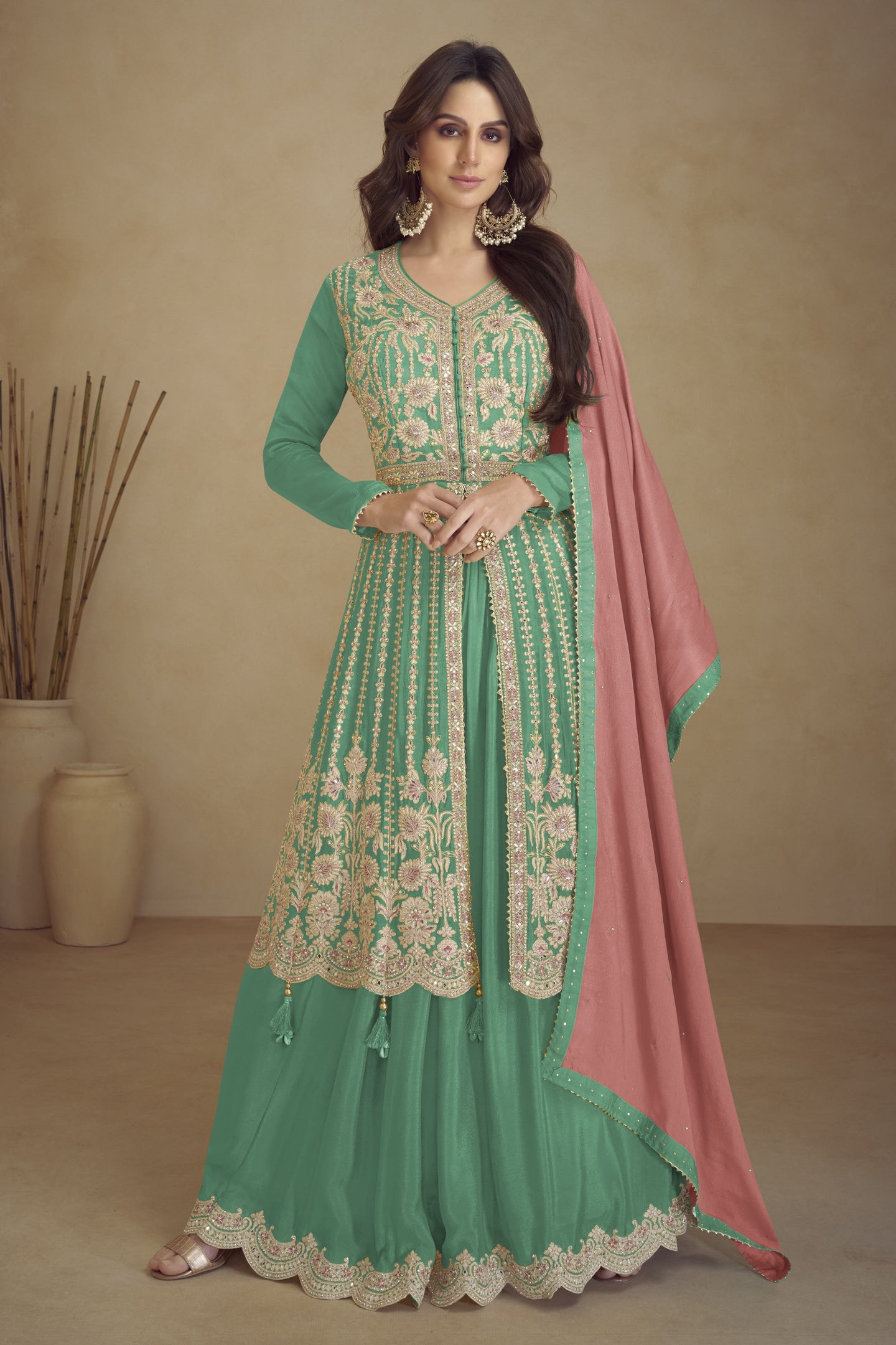 Rama Chinon Silk Palazo for Sangeet with Dori Work