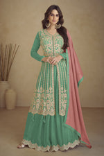Mint Green Palazo for Sangeet in Chinon Silk with Thread & Dori Work
