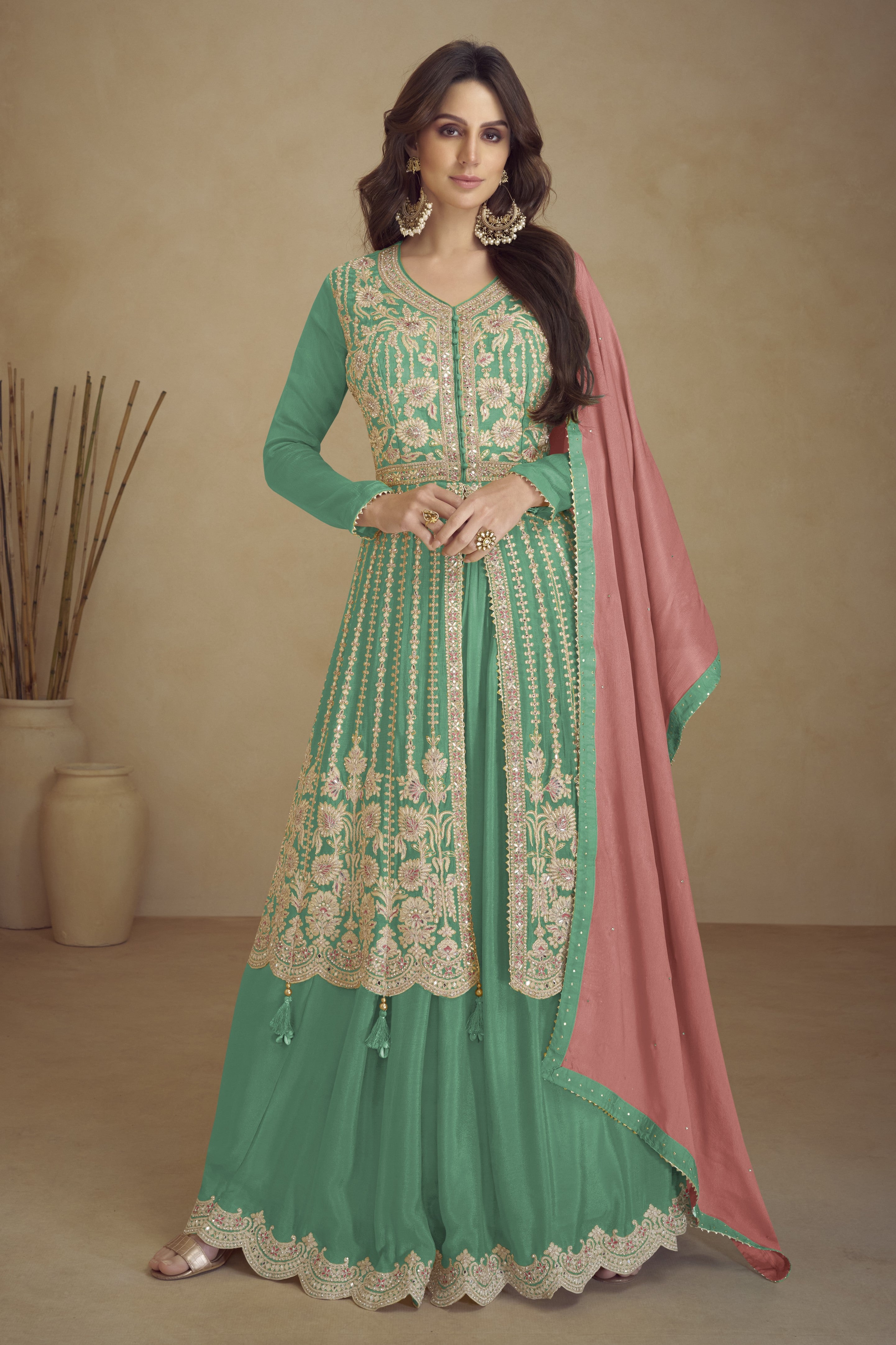 Rama Chinon Silk Palazo for Sangeet with Dori Work