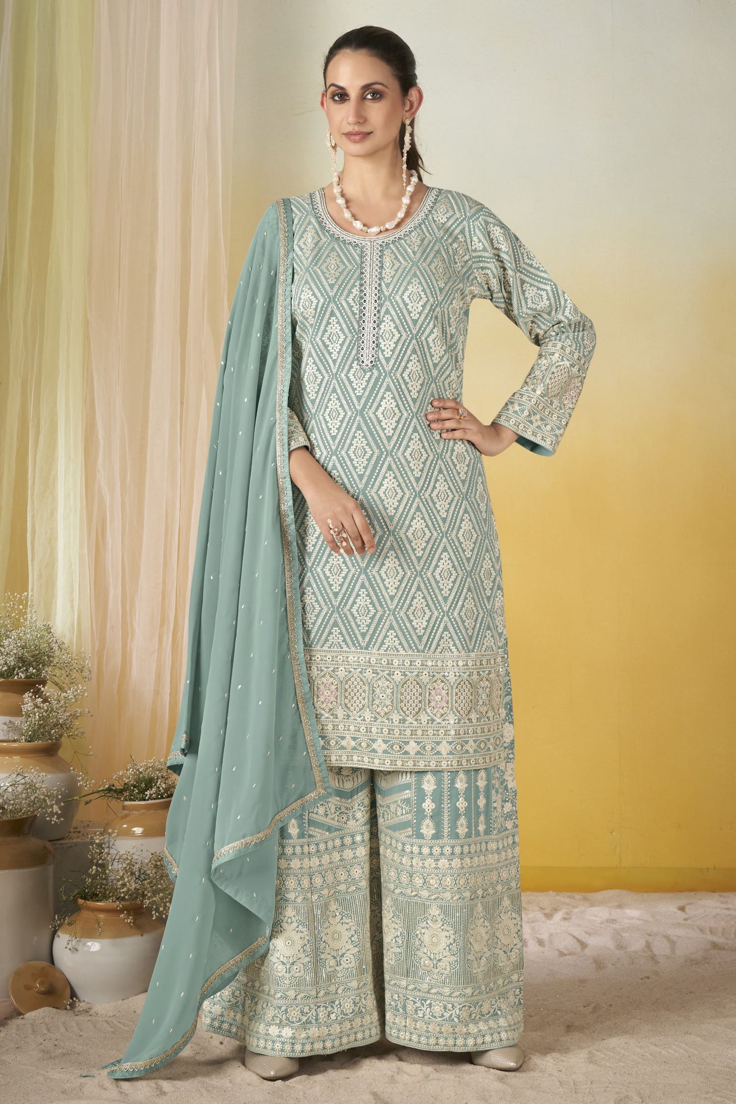 Light Blue Georgette Latest Plazo Design for Wedding - Thread Work