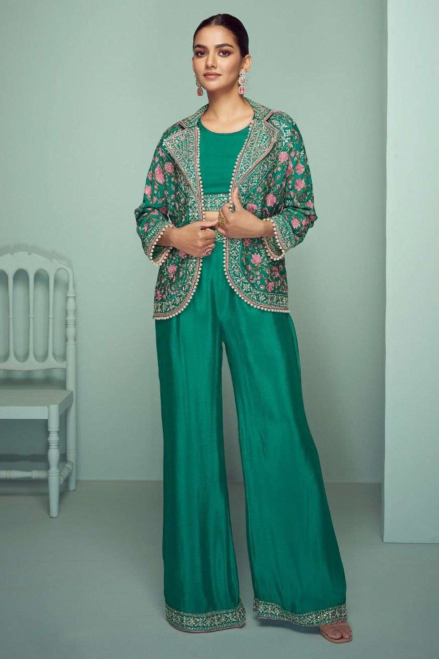 Green Chinon Silk Indian Wedding Dresses with Mirror Work