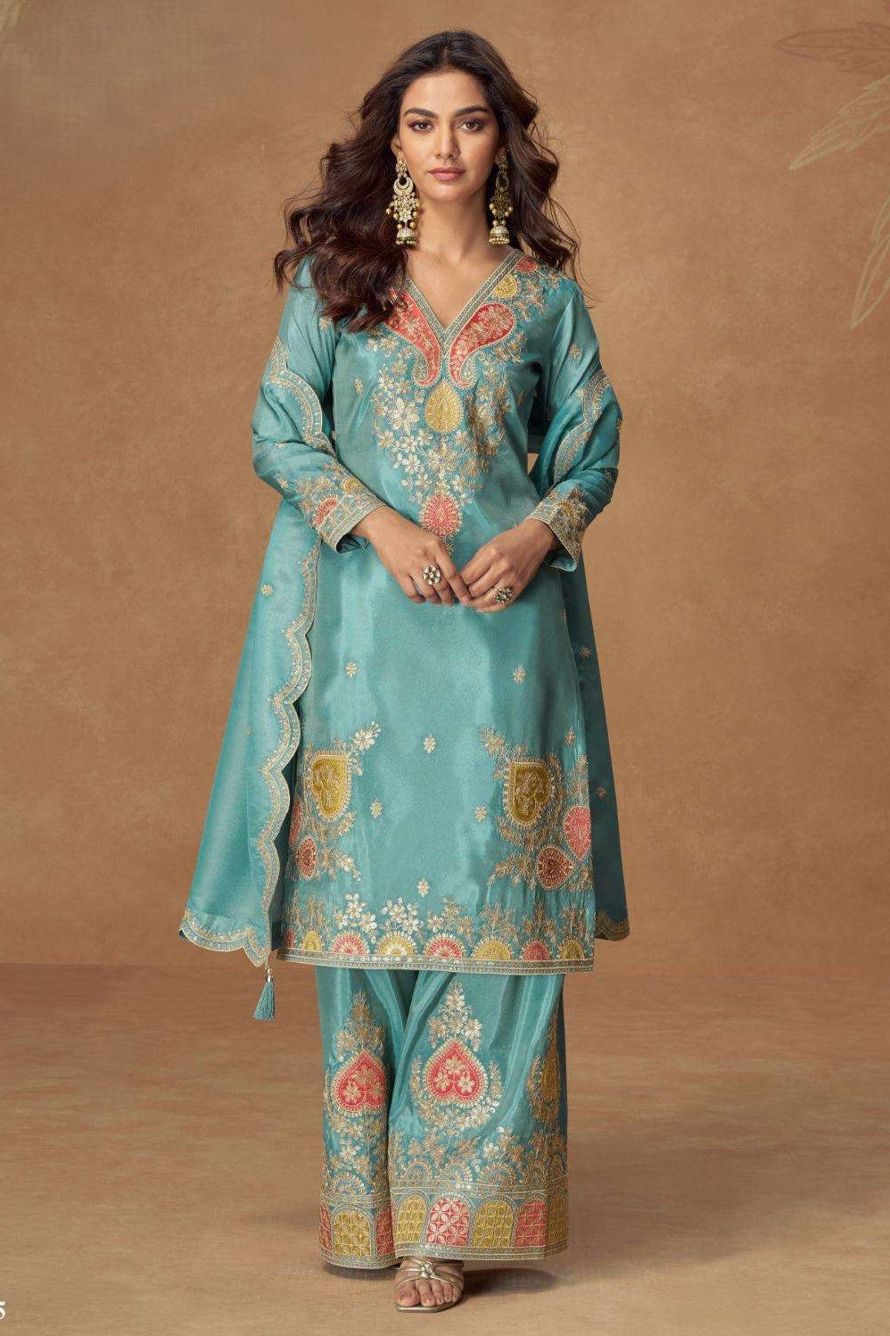 Turquoise Simmer Silk Indian Palazzo Suits Online with Sequin & Thread
