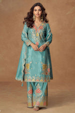 Turquoise Simmer Silk Indian Palazzo Suits Online with Sequin & Thread