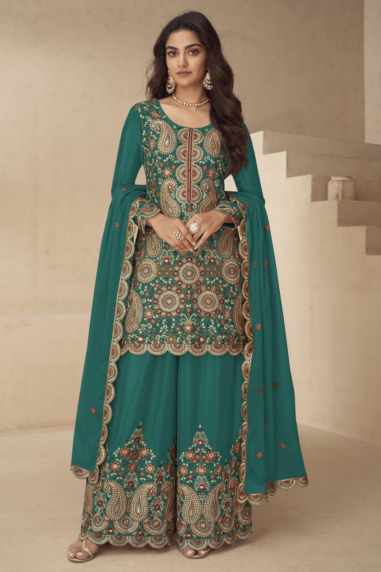 Teal Chinon Silk Plazo Suit for Women with Sequin & Thread Work