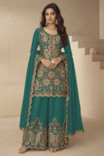 Teal Chinon Silk Plazo Suit for Women with Sequin & Thread Work
