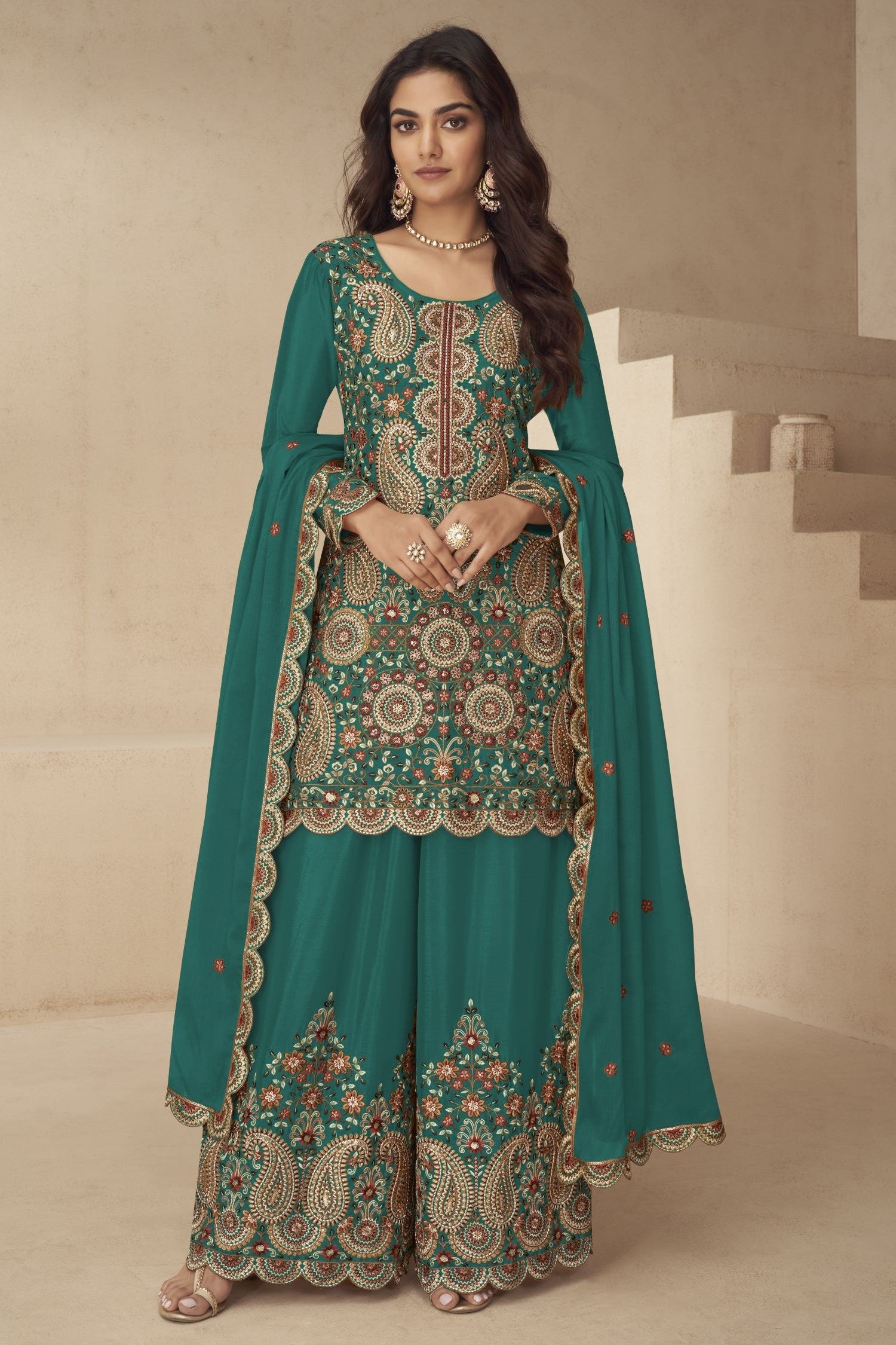 Teal Chinon Silk Plazo Suit for Women with Sequin & Thread Work