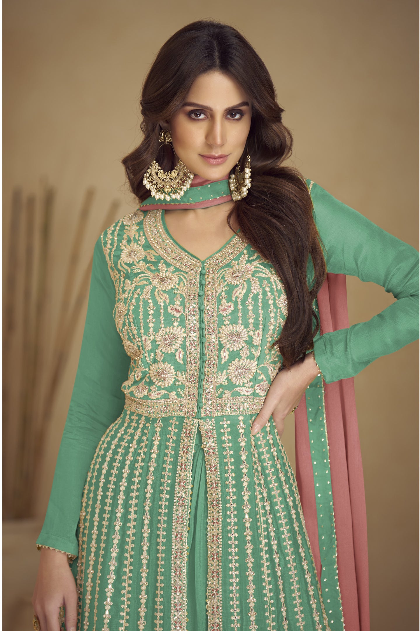 Rama Chinon Silk Palazo for Sangeet with Dori Work