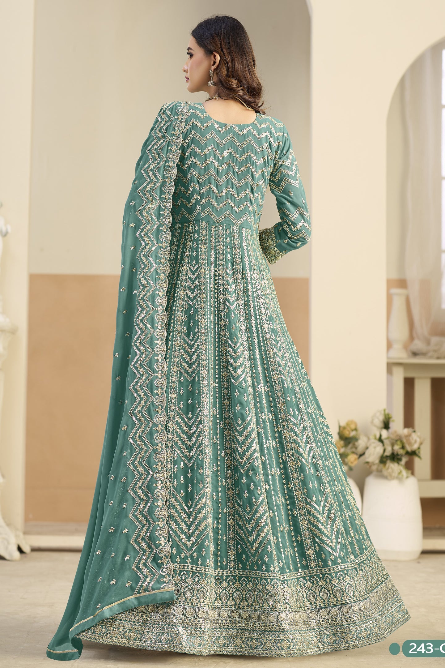Teal Georgette Anarkali Dress for Wedding with Thread & Sequins Work