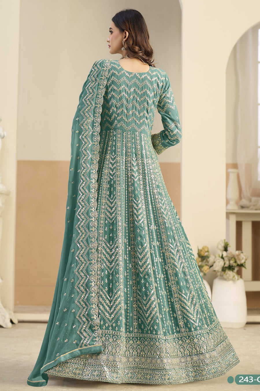 Teal Georgette Anarkali Dress for Wedding with Thread & Sequins Work