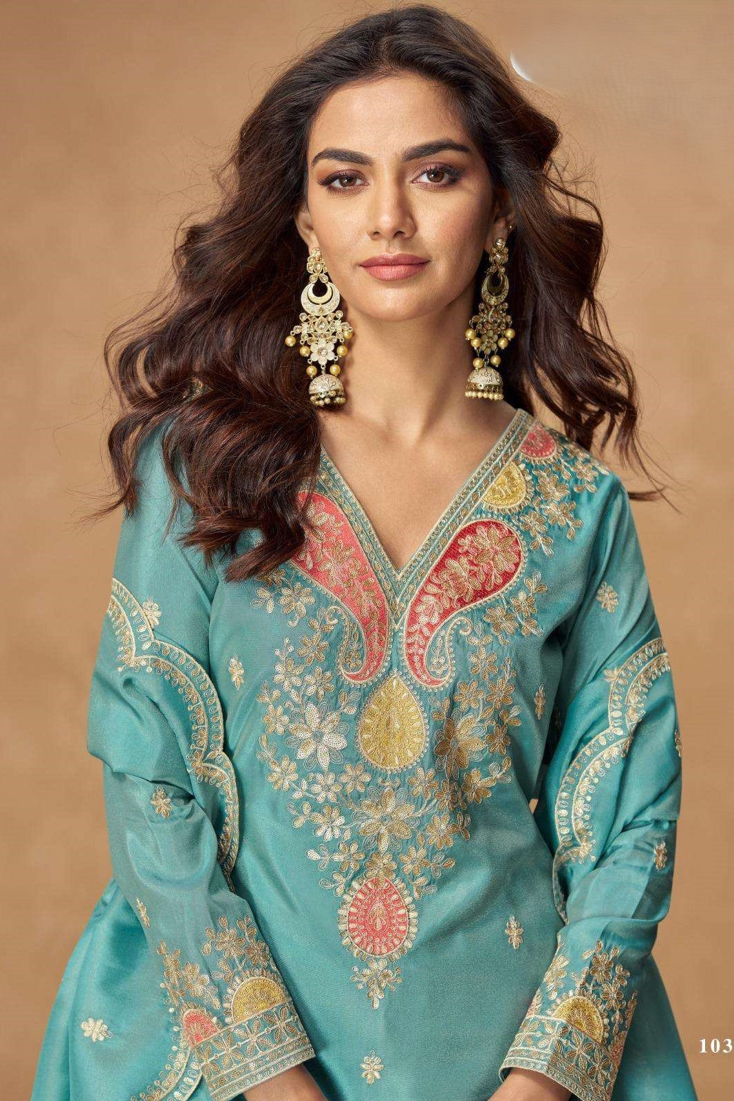 Turquoise Simmer Silk Indian Palazzo Suits Online with Sequin & Thread