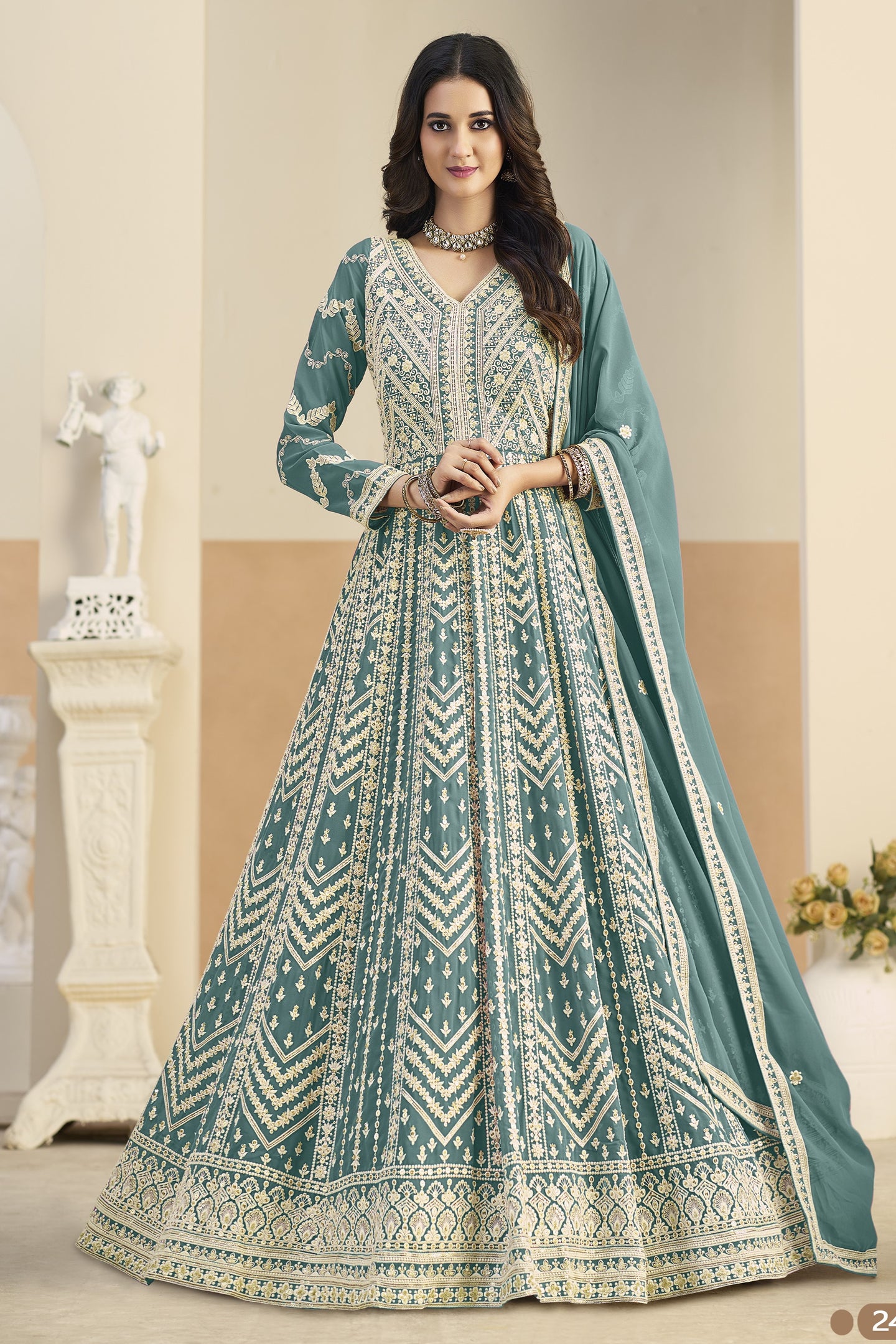 Teal Georgette Anarkali Dress for Sangeet with Thread Sequins Embroidery