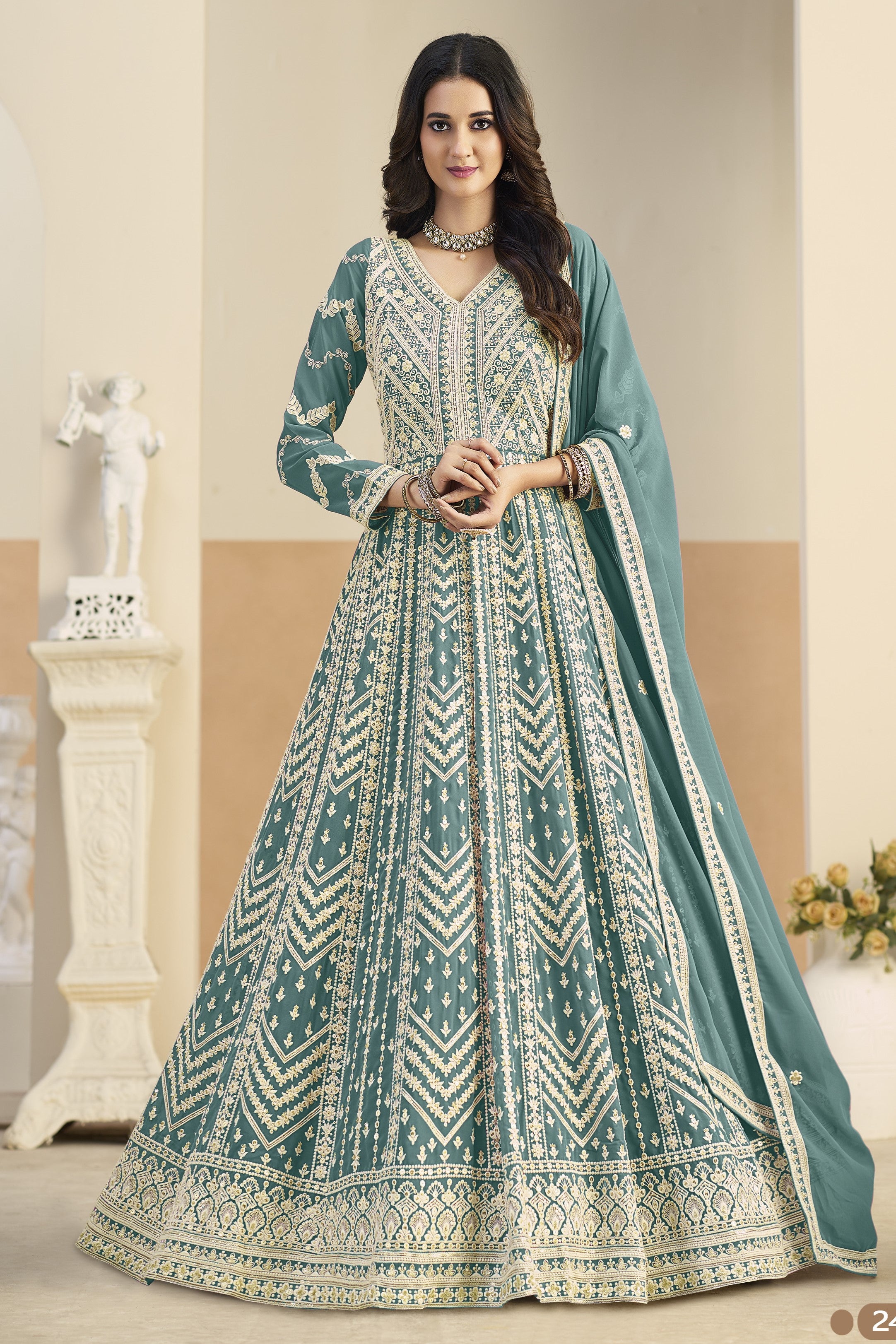Teal Georgette Anarkali Dress for Sangeet with Thread Sequins Embroidery