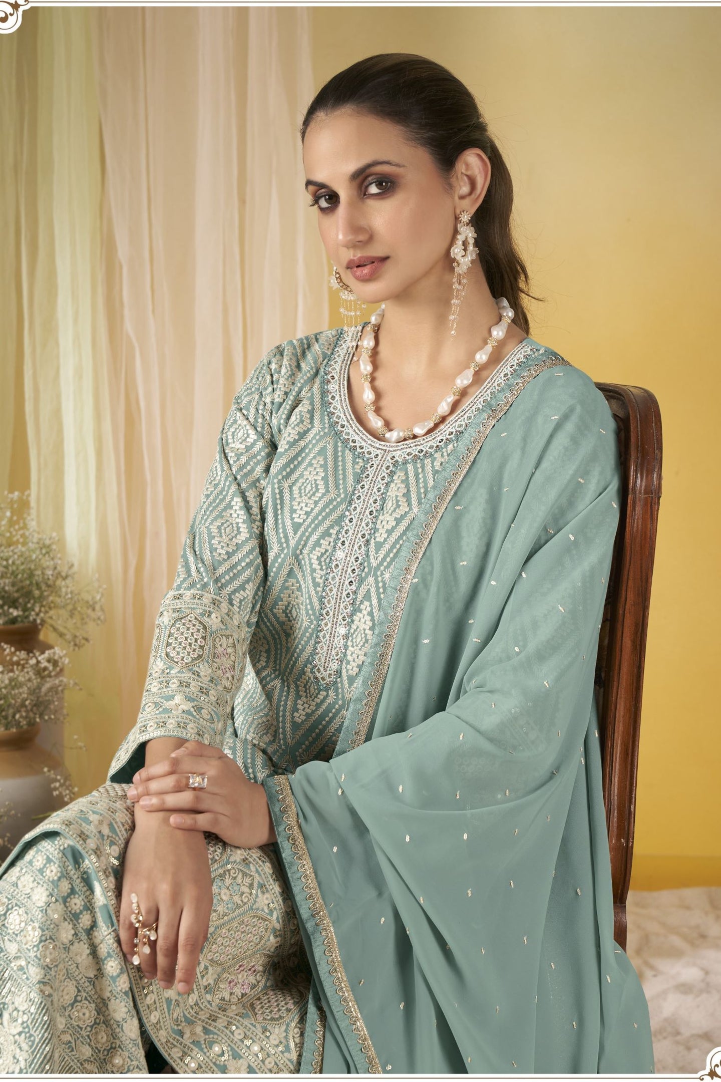 Light Blue Georgette Latest Plazo Design for Wedding - Thread Work