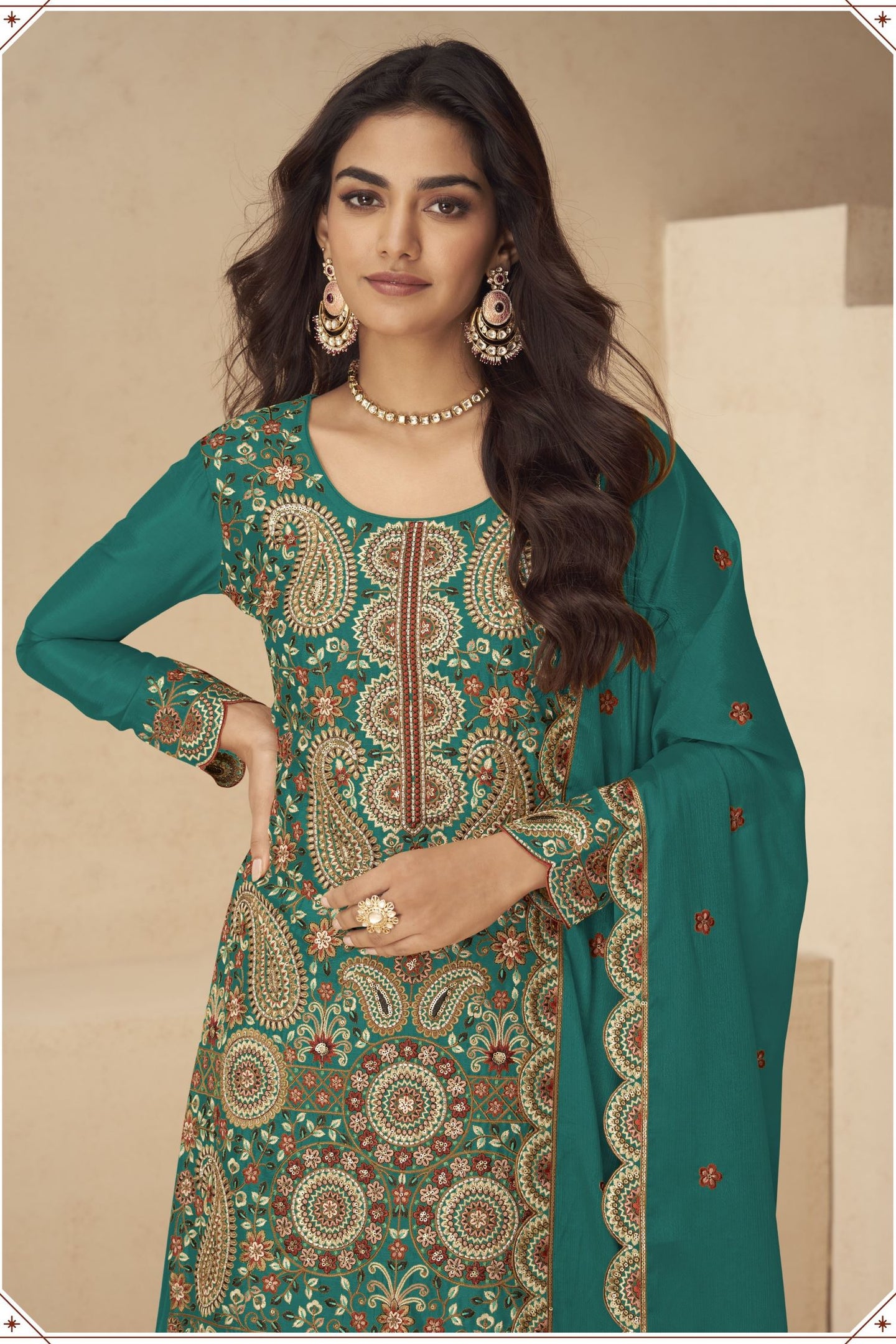 Teal Chinon Silk Plazo Suit for Women with Sequin & Thread Work