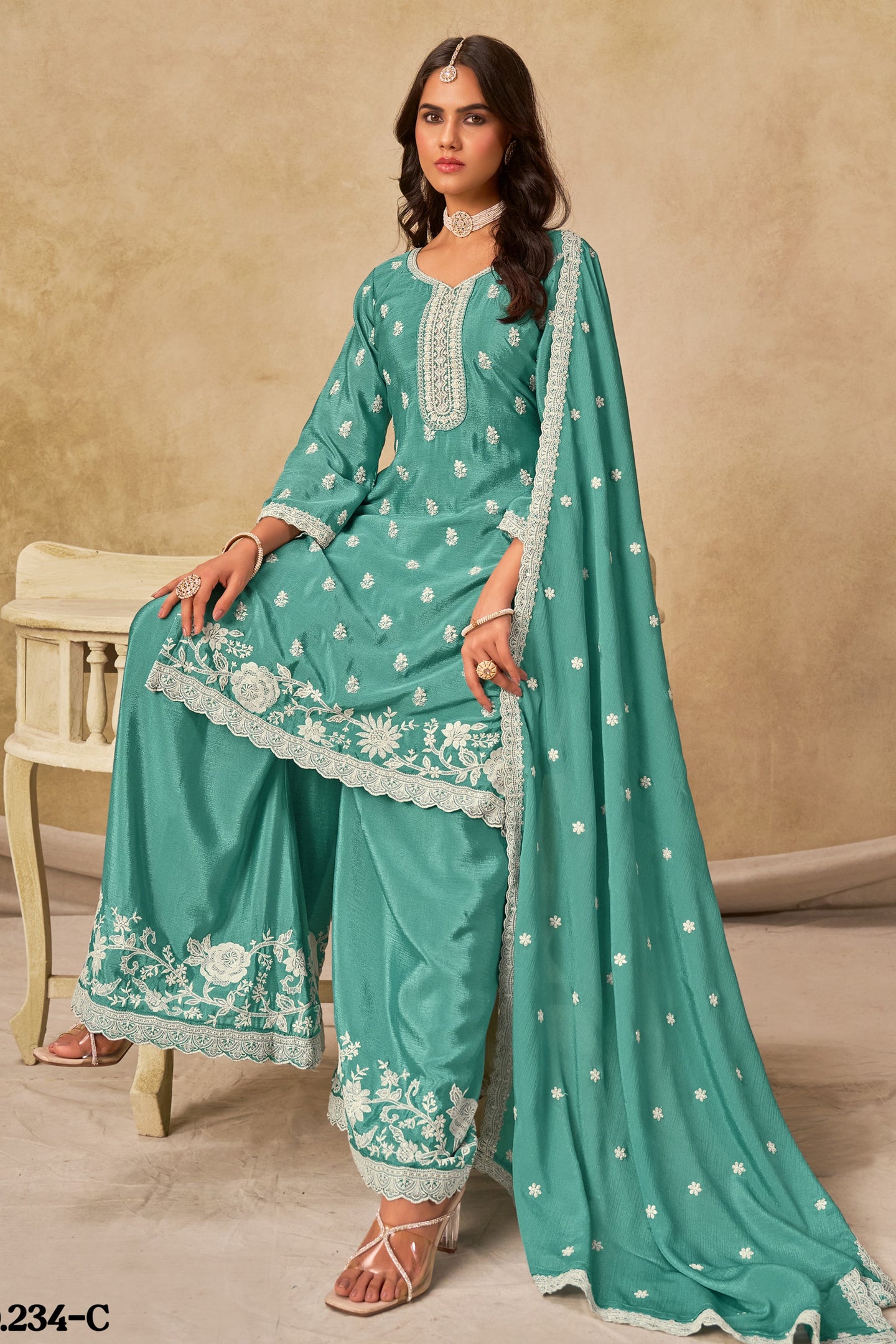 Rama Chinon Silk Wedding Plazo Dress for Women with Thread Embroidery