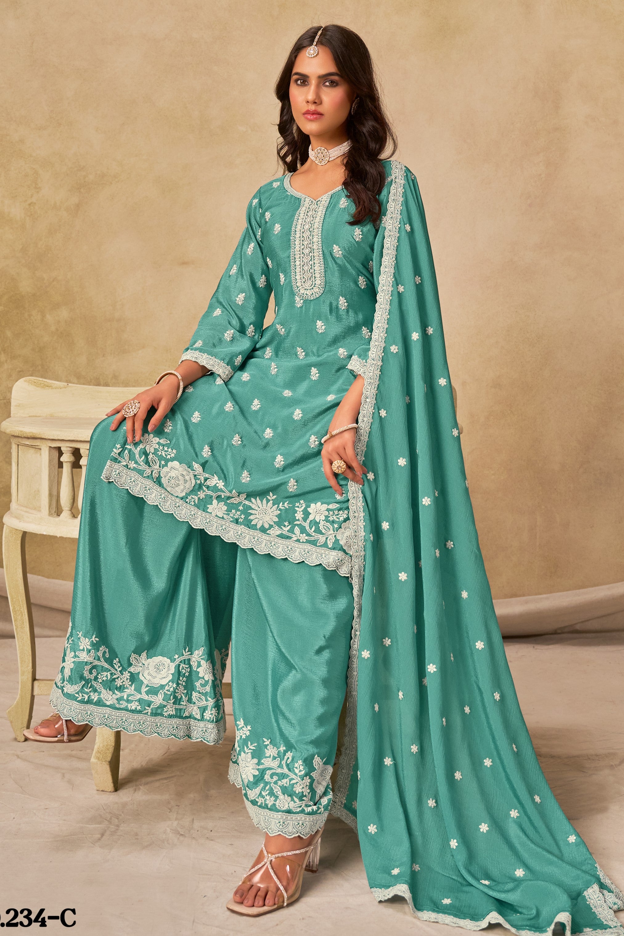 Rama Chinon Silk Wedding Plazo Dress for Women with Thread Embroidery