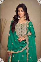 Teal Green Chinon Silk Plazo Dress for Women with Thread Work