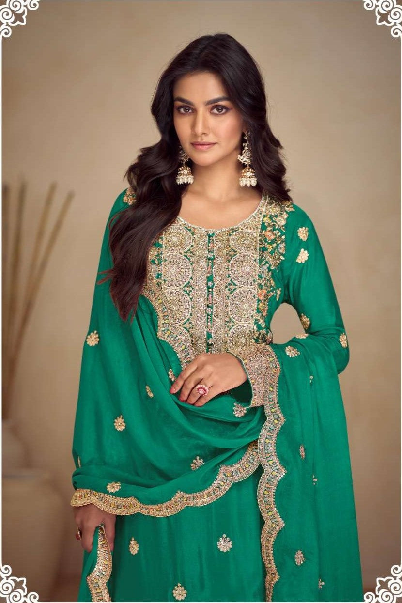 Teal Green Chinon Silk Plazo Dress for Women with Thread Work