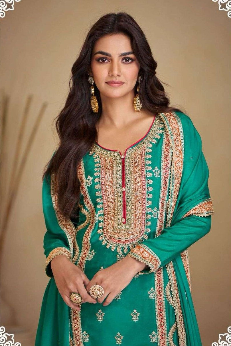 Rama Chinon Silk Plazo Suit for Women with Mirror Work