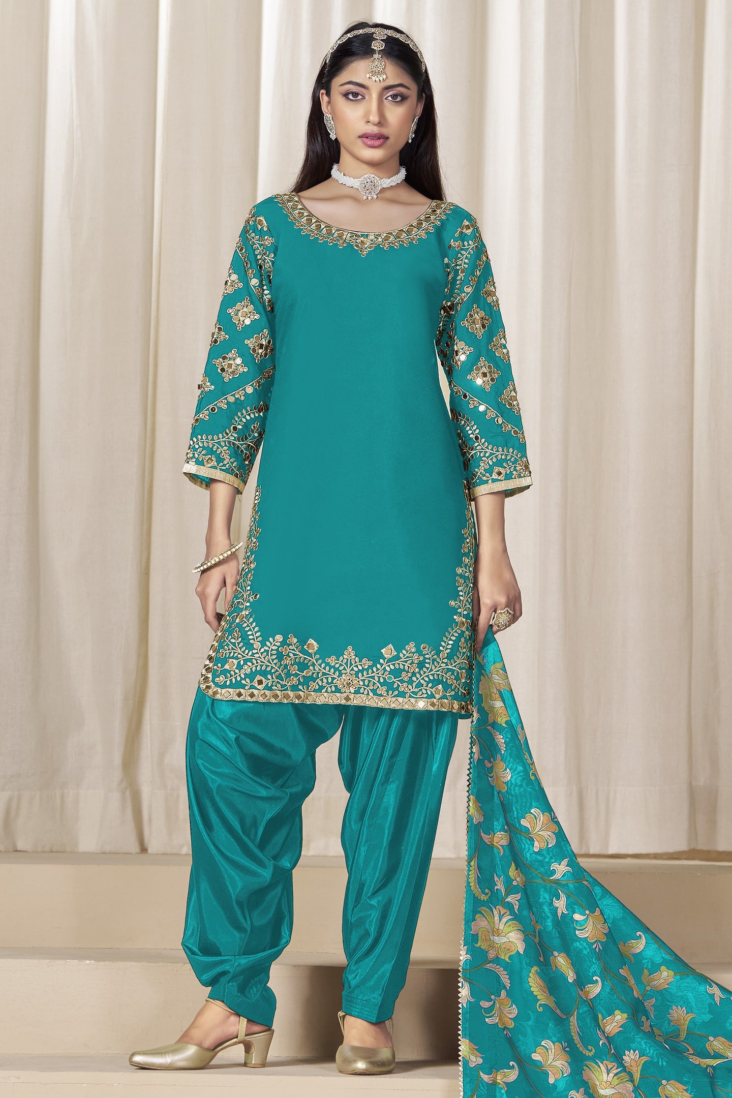 Rama Chinon Silk Pakistani Skirt Suits for Weddings with Zari and Mirror Work