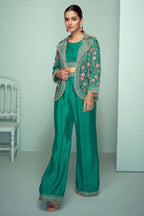 Green Chinon Silk Indian Wedding Dresses with Mirror Work