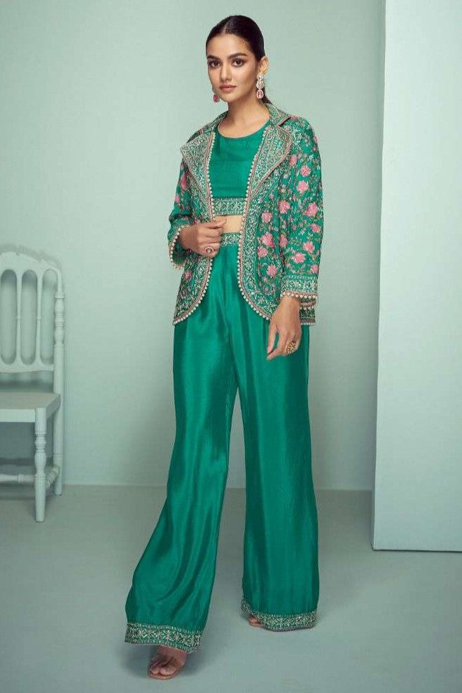 Green Chinon Silk Indian Wedding Dresses with Mirror Work