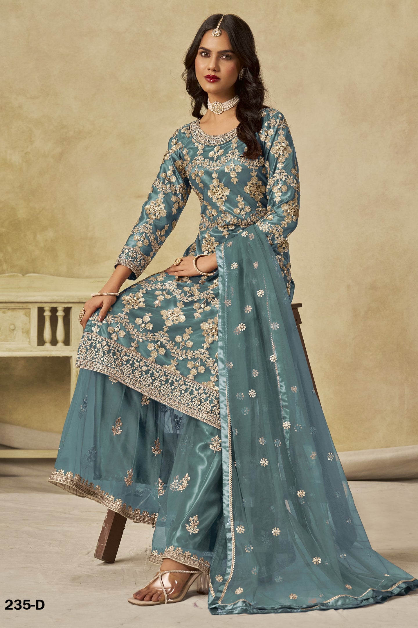 Rama Net Plazo Suit Design for Wedding with Thread and Sequins Embroidery