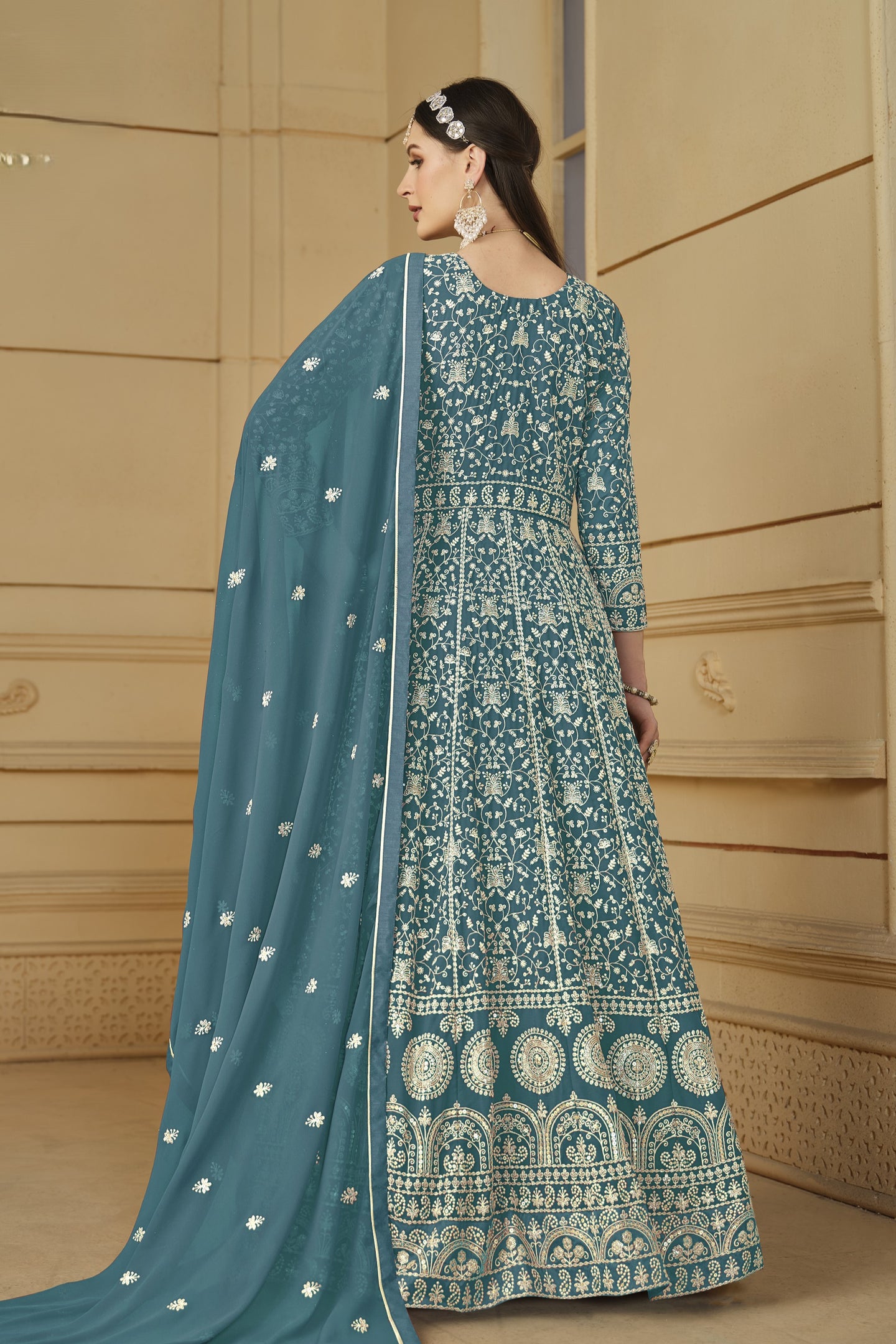 Rama Georgette Anarkali for Wedding Function with Sequins Embroidery