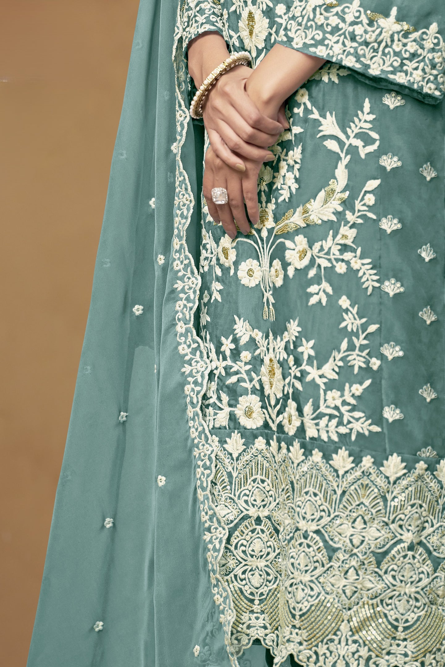 Rama Organza Embroidered Pant Style Suit with Thread and Sequins Work