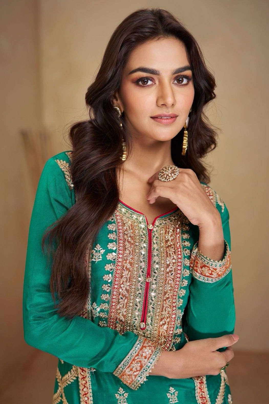 Rama Chinon Silk Plazo Suit for Women with Mirror Work