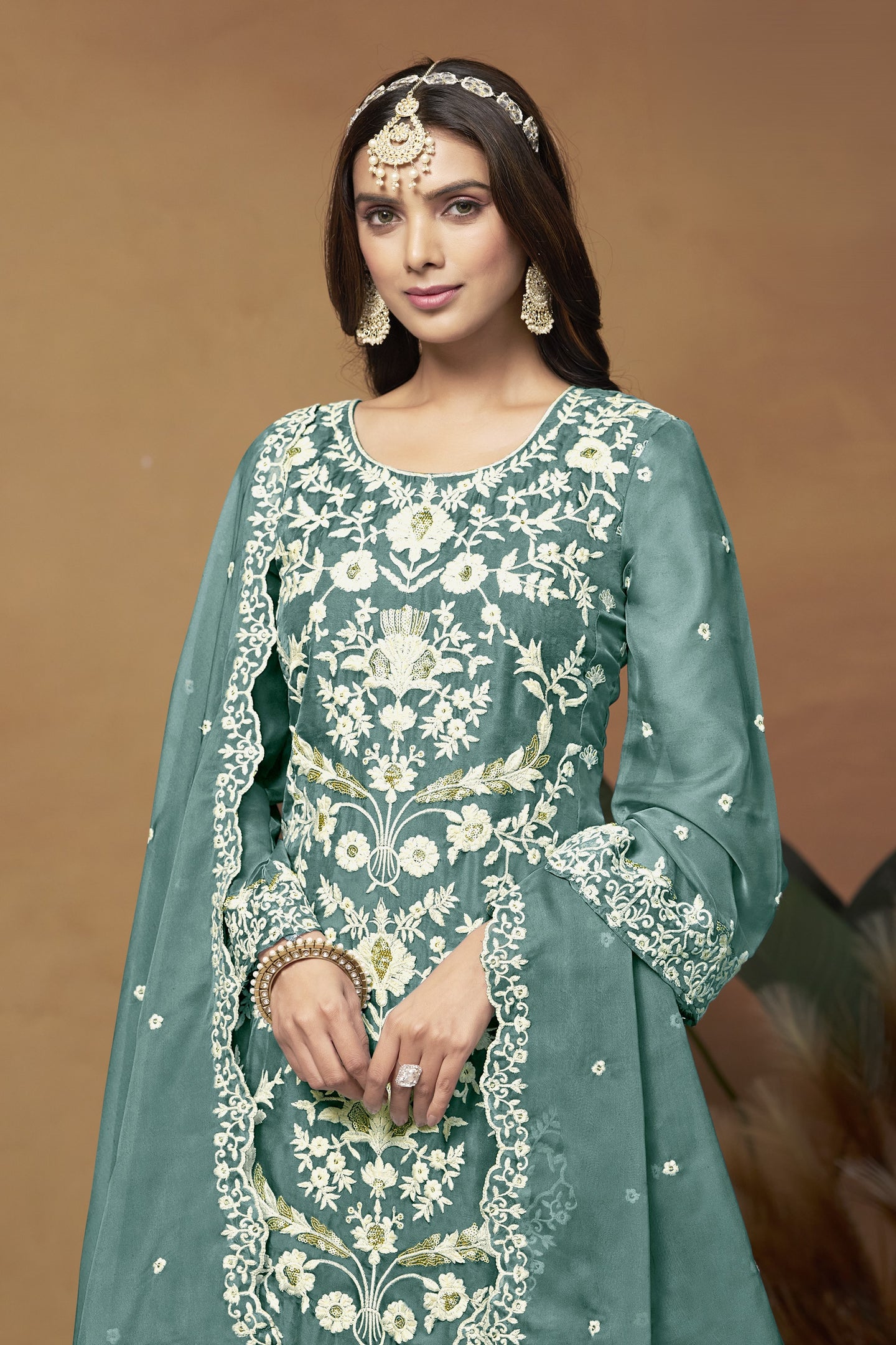 Rama Organza Embroidered Pant Style Suit with Thread and Sequins Work