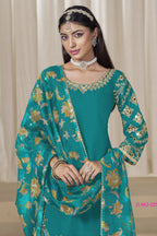 Rama Chinon Silk Pakistani Skirt Suits for Weddings with Zari and Mirror Work