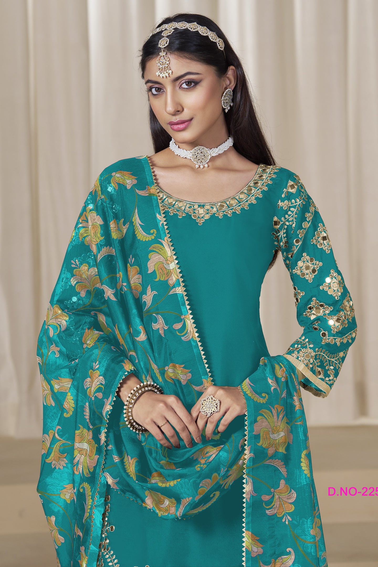 Rama Chinon Silk Pakistani Skirt Suits for Weddings with Zari and Mirror Work
